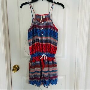 SHRINKING VIOLET pink & blue western scalloped spaghetti strap romper Size small